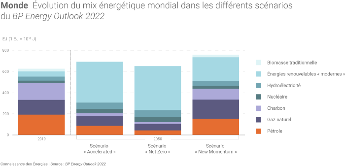 Évolution du mix énergétique mondial dans les différents scénarios de BP